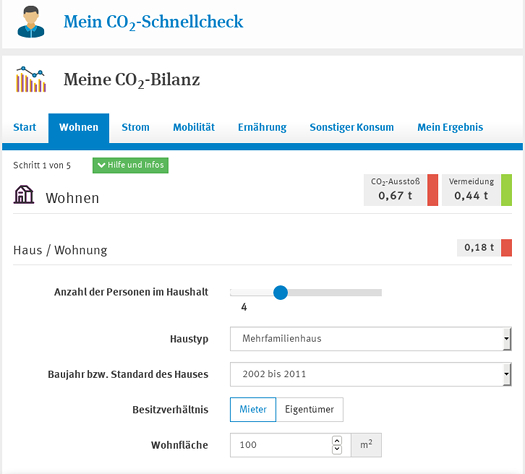Screenshot:
Berechnung der eigenen CO2-Bilanz