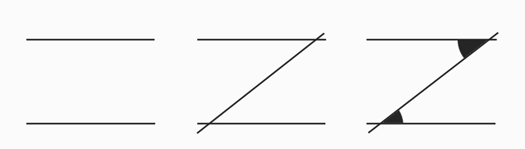 Dartellung von zwei parallelen Gerade, die von einer dritten Geraden geschnitten werden, mit Anzeichnung der Schnittwinkel