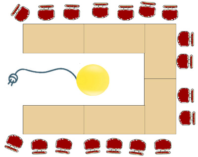 U-förmig angeordnete Tische mit Lampe in der Mitte