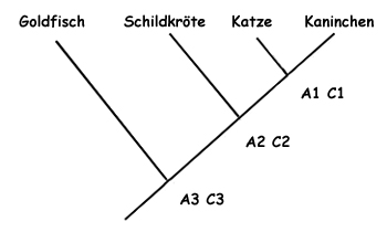 Stammbaum mit Katze, Kaninchen, Schildkröte und Goldfisch