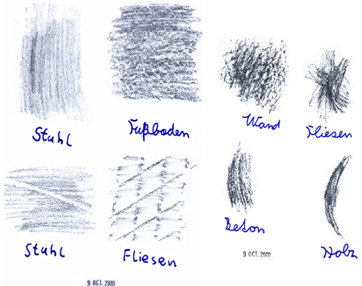 Zeichnung: Verschiedene Oberflächen auf ein Blatt Papier übertragen