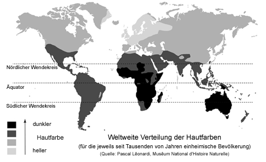 Weltkarte mit der Verteilung der Hautfarben