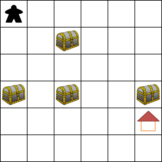 Kobold, Haus und 4 graue Schatztruhen auf 6x6-Gitter