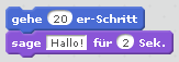 Scratch-Befehle '20 Schritte nach rechts gehen' und 'Hallo sagen'