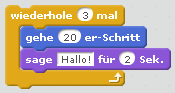 Drei Mal wiederholen: Scratch-Befehle '20 Schritte nach rechts gehen' und 'Hallo sagen'
