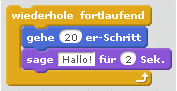 unendlich oft wiederholen: Scratch-Befehle '20 Schritte nach rechts gehen' und 'Hallo sagen'