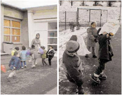 2 Fotos: Kinder auf dem Schulhof mit Luftballons und Zeitungspapier