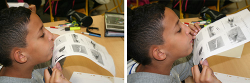 Zwei Fotos: Ein Schüler bläst über ein Blatt Papier