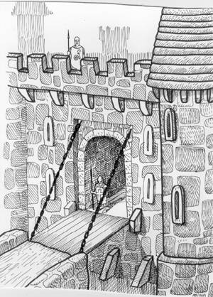 Zeichnung: Eine Zugbrücke an einer Burg