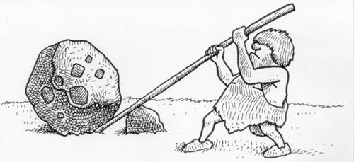 Zeichnung: einfachstes Modell eines Hebels zum Heben eines
 schweren Steins