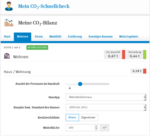 Screenshot: Berechnung der eigenen CO2-Bilanz